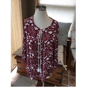 Loft Burgundy Floral Blouse Long Sleeve XS